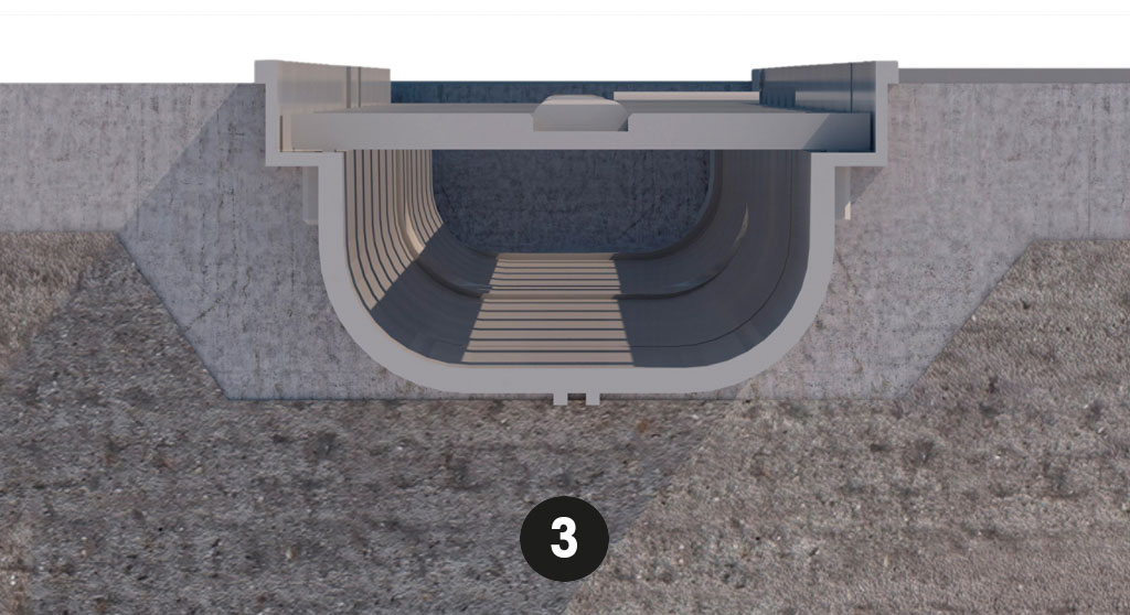 Porcelain stoneware channel drain installation. FILL THE SIDES WITH MORTAR.